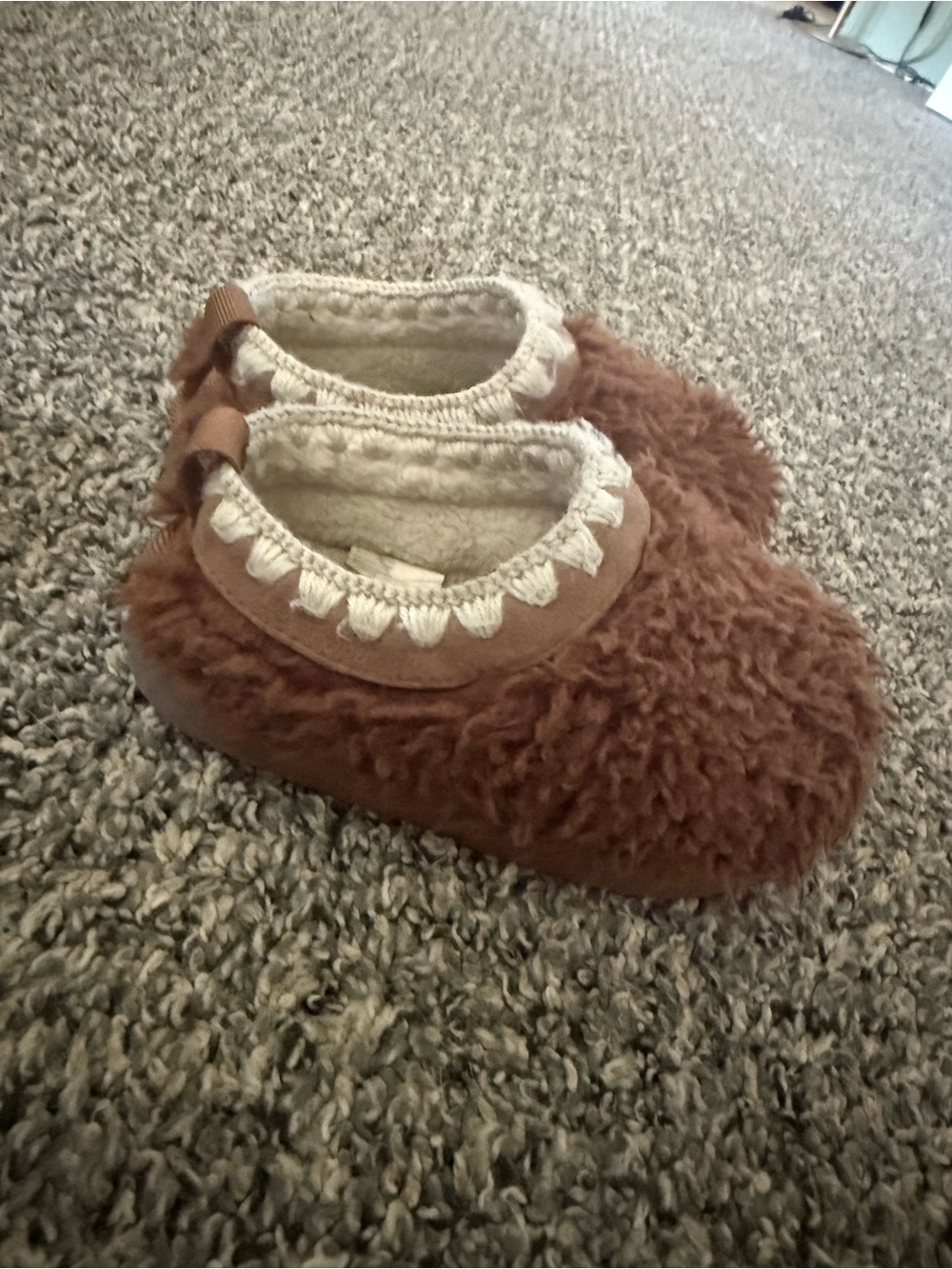 Target Brown Plush Slip-On Kids Slippers with Crochet Trim
